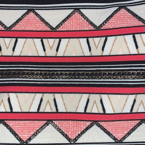 WHBM Boho Chic Dress, Black Stretch Knit, Geometric Trim, 3/4 Sleeves, Vee Neck - Picture 9 of 10